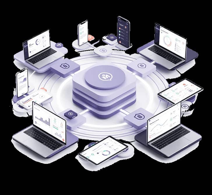 Phones, tablets and laptops arranged in a ring around a central management stack