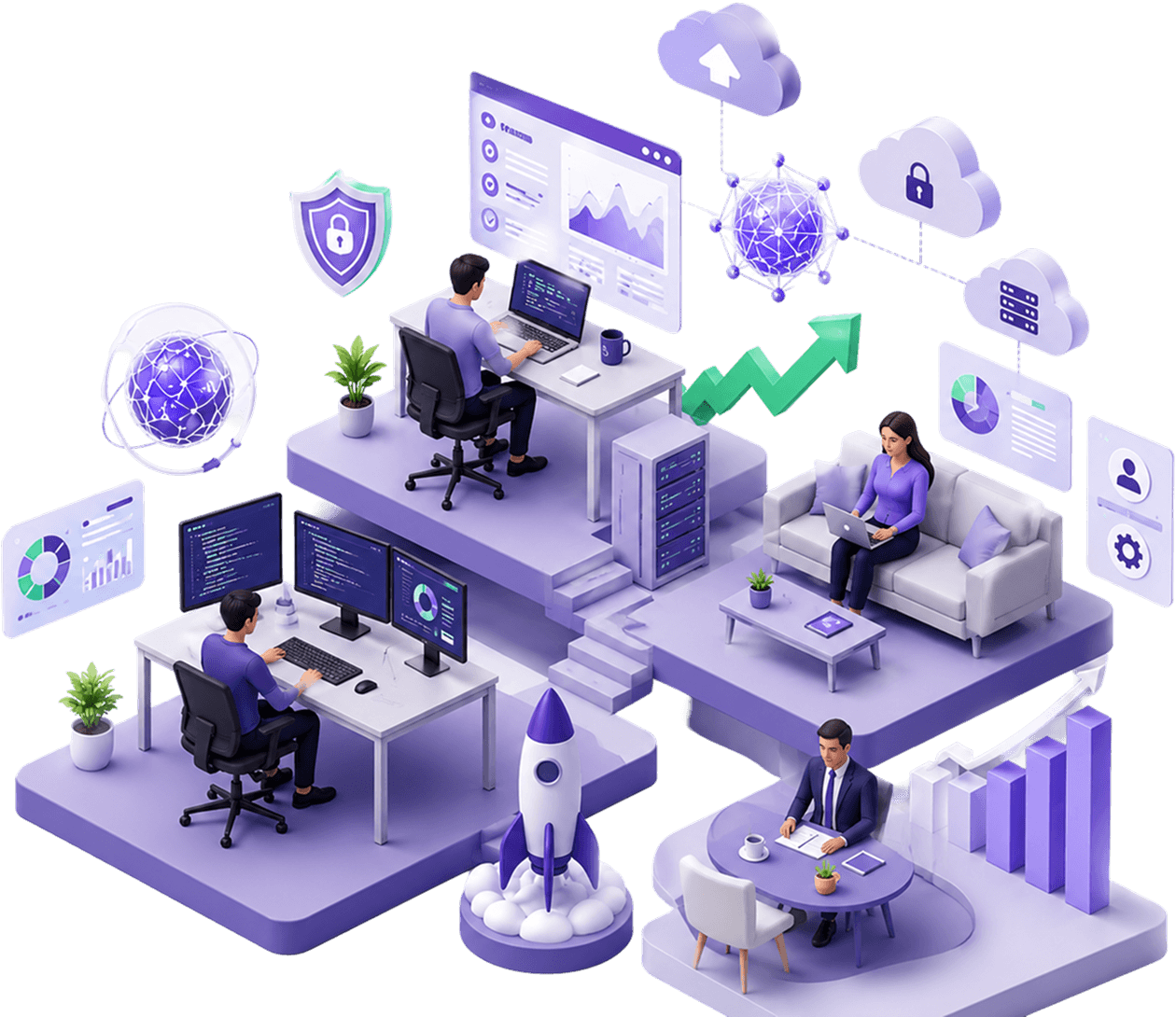 Isometric illustration of the Akku team at work — developers coding at their desks, colleagues collaborating, with security shields and analytics dashboards