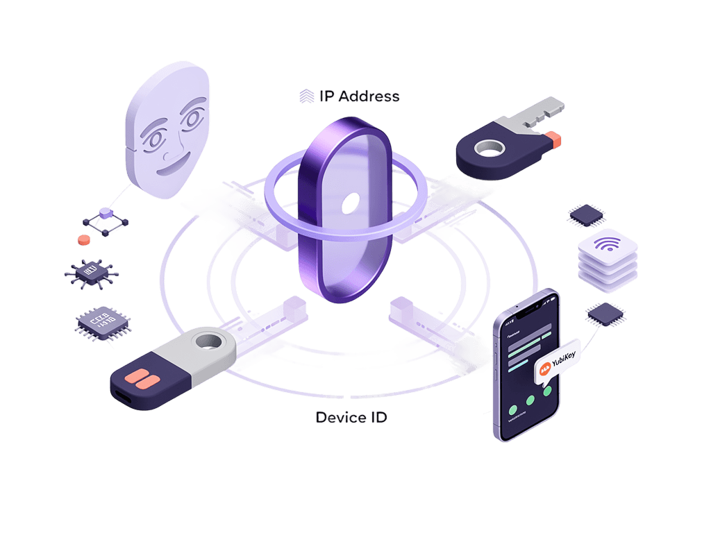 MFA factors, adaptive access signals, and passwordless methods supported by Akku