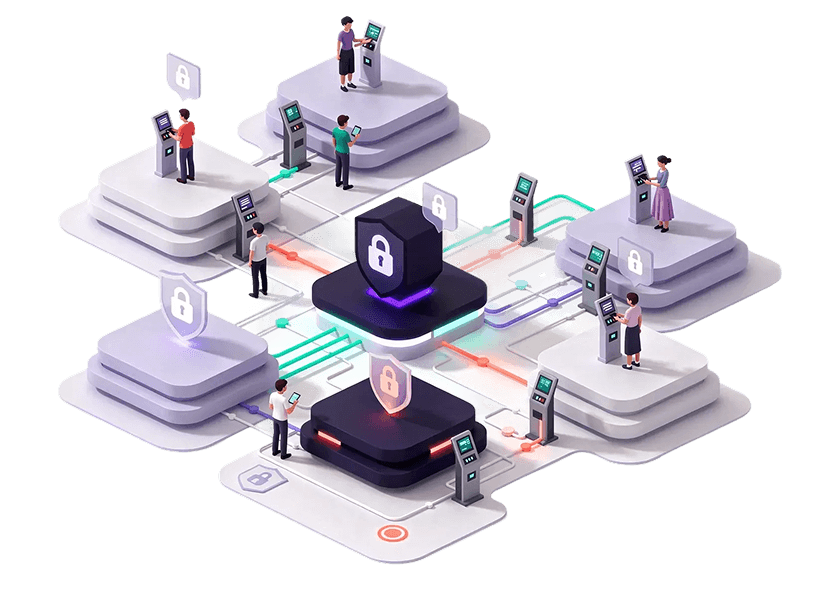 Students and faculty collaborating on a laptop, symbolizing secure digital access in education.