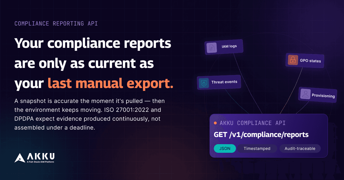 Akku – Automating ISO 27001 and SOC 2 Evidence Collection via Compliance Reporting API (1) Blog banner showing the Akku Compliance Reporting API pulling data from four sources: IAM logs, GPO states, threat events, and provisioning, into a single structured API endpoint GET /v1/compliance/reports, with JSON, timestamped, and audit-traceable output tags.