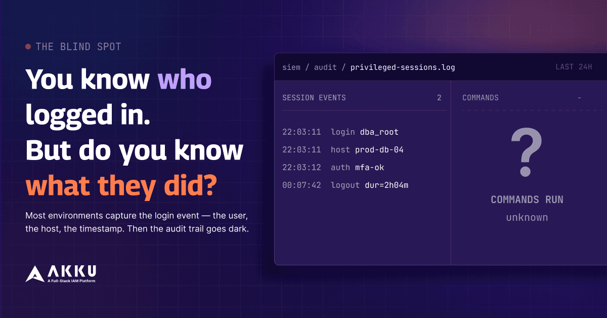 Privileged Session Audit Log – Visibility Gap in PAM Privileged session audit log showing login and logout events for a database admin with no record of commands run, illustrating the visibility gap in privileged access monitoring.